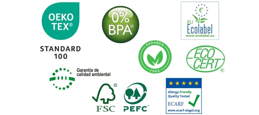 Muestra de diferentes sellos y certificados de calidad que garantizan productos sin BPA, ecológicos, sin compuestos orgánicos volátiles, etc. para vivir en un entorno sin tóxicos y con buena calidad de aire interior.