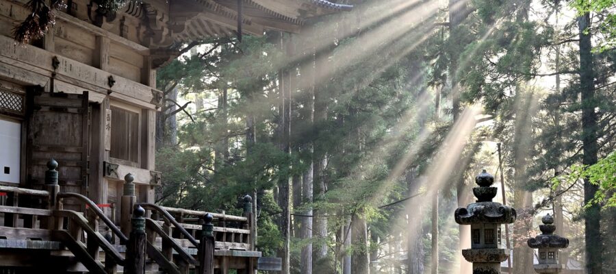 Una casa tradicional japonesa vista desde el exterior. Está en un bosque. Imagen de simplicidad y minimalismo, como requiere el Danshari.